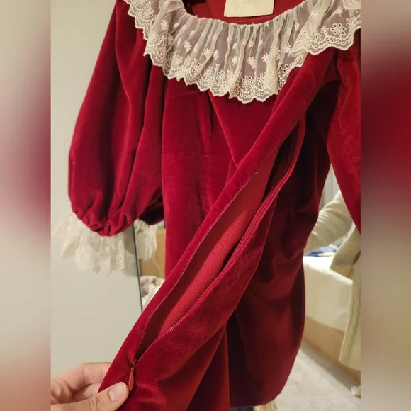 Doen Heirloom Red Velvet Mini Dress with Lace Trim - Picture 3 of 10